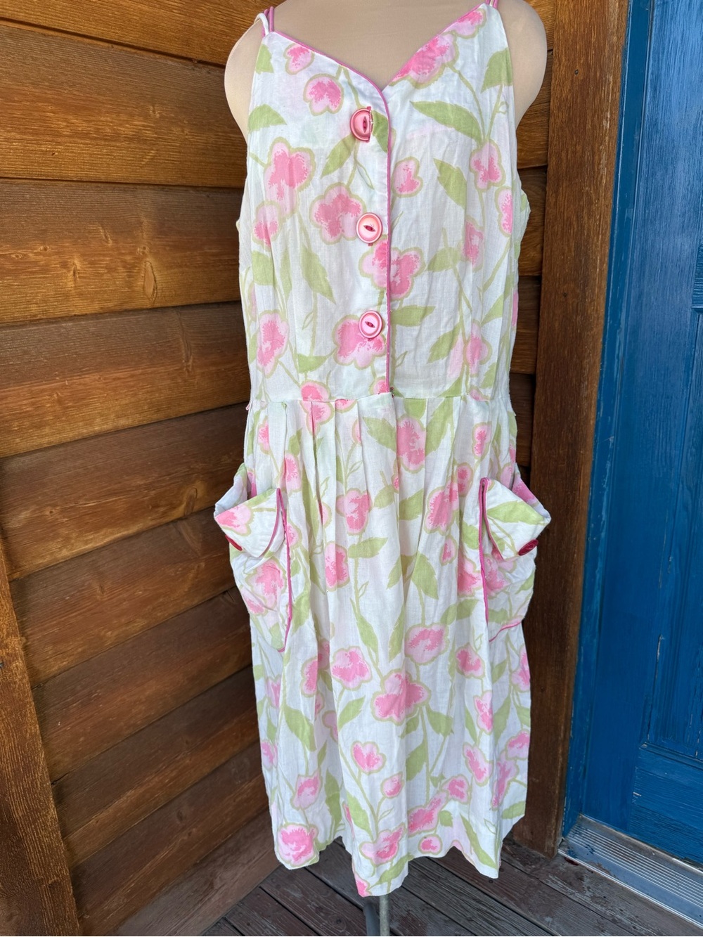 Vintage 1960’s Pink Floral Sleeveless Button Front Sundress